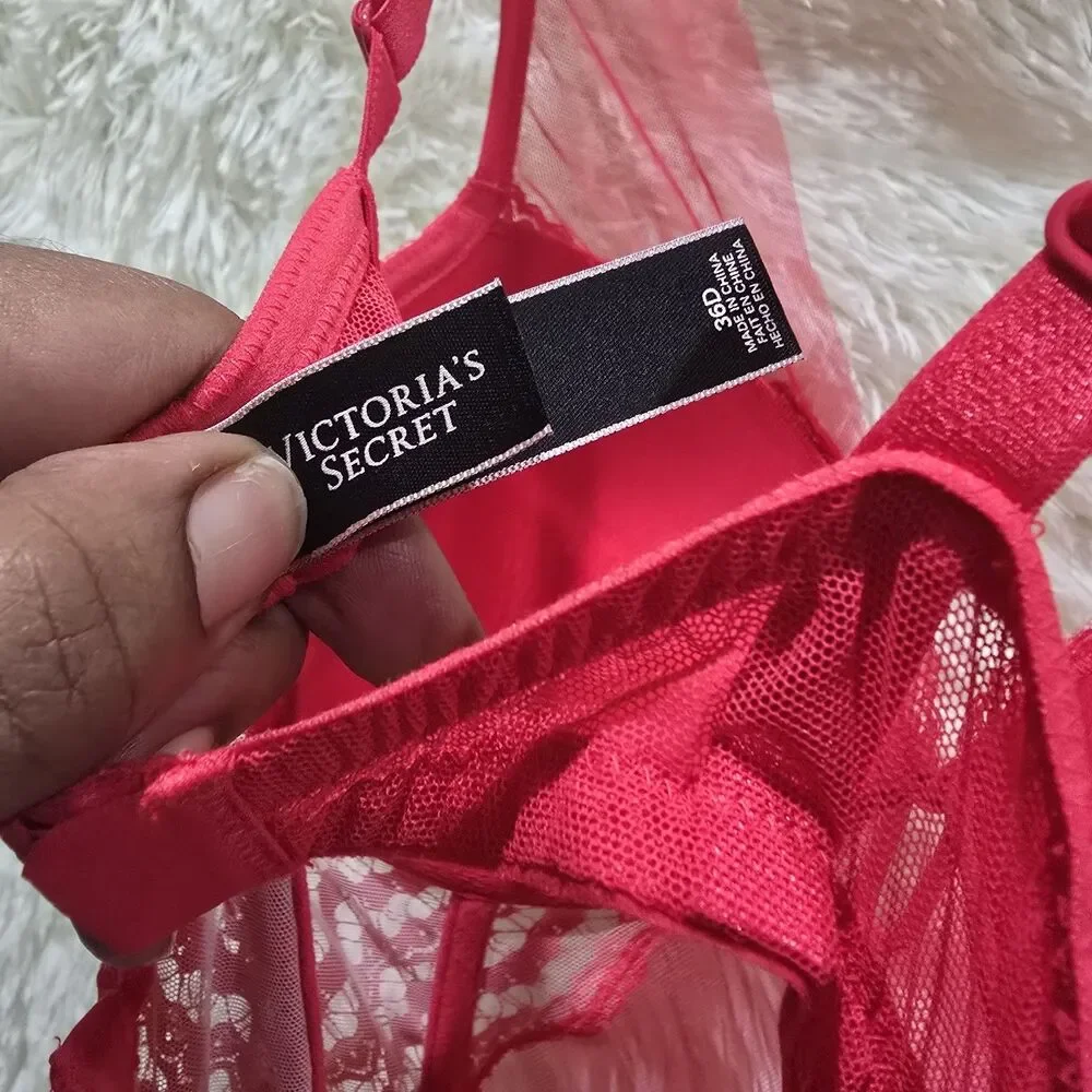 Victorias Secret Very Sexy Lace Mesh Corset Garter Baby Doll Teddy Bra 34D Red